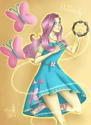 Size: 2893x3996 | Tagged: safe, artist:bidzinha, imported from derpibooru, fluttershy, equestria girls, clothes, cutie mark background, dress, geode of fauna, magical geodes, musical instrument, sandals, solo, tambourine