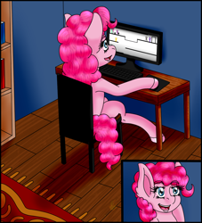 Size: 1000x1100 | Tagged: safe, artist:midnightfire1222, imported from derpibooru, pinkie pie, earth pony, pony, commission, complex background, computer, computer screen, solo