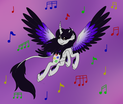 Size: 1202x1016 | Tagged: safe, artist:midnightfire1222, imported from derpibooru, oc, oc only, oc:harmony note, alicorn, pony, flying, music notes, simple background, solo