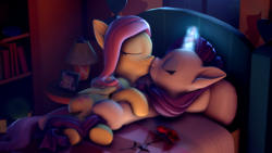 Size: 3840x2160 | Tagged: safe, artist:psfmer, imported from derpibooru, fluttershy, rarity, pegasus, unicorn, 3d, bed, commission, cute, female, flarity, flower, fluttershy's cottage (interior), glowing horn, horn, kissing, lamp, lesbian, night, nose wrinkle, nuzzling, picture frame, raribetes, revamped ponies, rose, shipping, shyabetes, source filmmaker