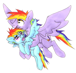 Size: 1632x1578 | Tagged: safe, artist:oddwarg, imported from derpibooru, part of a set, rainbow blaze, rainbow dash, pegasus, pony, duo, female, filly, filly rainbow dash, flying, flying lesson, learning to fly, simple background, training, white background, younger
