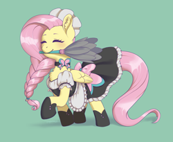 Size: 3879x3176 | Tagged: safe, artist:taytinabelle, imported from derpibooru, part of a set, fluttershy, pegasus, pony, alternate hairstyle, apron, bow, braid, braided ponytail, chest fluff, choker, clothes, collar, cute, cutie mark accessory, dress, duster, ear fluff, eyes closed, female, fluttermaid, green background, happy, maid, maid headdress, mare, mouth hold, raised hoof, shoes, shyabetes, simple background, smiling, solo