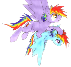 Size: 1650x1551 | Tagged: safe, artist:oddwarg, imported from derpibooru, part of a set, rainbow blaze, rainbow dash, pegasus, pony, duo, female, filly, filly rainbow dash, flying, flying lesson, holding, learning to fly, simple background, training, white background, younger