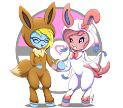 Size: 1750x1531 | Tagged: safe, artist:canister, imported from derpibooru, oc, oc only, oc:cloud cuddler, oc:sweet haze, earth pony, eevee, pegasus, pony, semi-anthro, sylveon, clothes, costume, crossover, earth pony oc, eyes closed, female, glasses, heart, holding hooves, hoof hold, kigurumi, male, onesie, pegasus oc, poké ball, pokéball, pokémon, smiling, wings