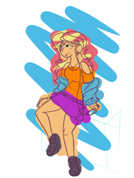 Size: 1200x1600 | Tagged: safe, artist:erenerakhard, artist:erynerikard, imported from derpibooru, sunset shimmer, human, equestria girls, abstract background, clothes, digital art, female, freckles, geode of empathy, headphones, magical geodes, off shoulder, peppered bacon, phone, solo, solo female