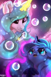 Size: 2000x3000 | Tagged: source needed, useless source url, safe, artist:redvais, imported from derpibooru, princess celestia, princess luna, alicorn, pony, blowing bubbles, bubble, cute, cutelestia, duo, duo female, female, filly, lunabetes, mare, royal sisters, siblings, sisters, woona, younger