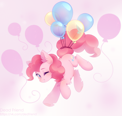 Size: 3872x3680 | Tagged: safe, artist:dedfriend, imported from derpibooru, pinkie pie, earth pony, pony, balloon, chest fluff, cute, diapinkes, ear fluff, female, floating, fluffy, gradient background, grin, high res, hoof fluff, leg fluff, looking at you, mare, one eye closed, pink background, simple background, smiling, solo, then watch her balloons lift her up to the sky, wink