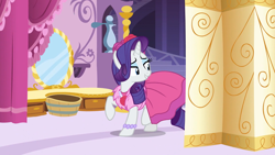 Size: 1920x1080 | Tagged: safe, imported from derpibooru, screencap, rarity, pony, unicorn, no second prances, beautiful, bracelet, carousel boutique, clothes, cute, dress, female, flower, jewelry, lidded eyes, looking back, mare, necklace, raised hoof, raribetes, rose, smiling, solo, teeth