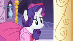 Size: 1920x1080 | Tagged: safe, imported from derpibooru, screencap, rarity, pony, unicorn, no second prances, carousel boutique, clothes, cropped, cute, dress, female, flower, mare, raribetes, rose, solo, unsure