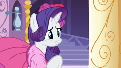 Size: 1920x1080 | Tagged: safe, imported from derpibooru, screencap, rarity, pony, unicorn, no second prances, carousel boutique, clothes, cropped, cute, dress, female, flower, grin, mare, nervous, nervous grin, raised hoof, raribetes, rose, smiling, solo, teeth