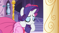 Size: 1920x1080 | Tagged: safe, imported from derpibooru, screencap, rarity, pony, unicorn, no second prances, carousel boutique, clothes, cropped, dress, eyes closed, female, flower, hoof over mouth, jewelry, mare, necklace, raised hoof, rose, solo