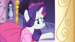 Size: 1920x1080 | Tagged: safe, imported from derpibooru, screencap, rarity, pony, unicorn, no second prances, carousel boutique, clothes, cropped, cute, dress, female, flower, mare, nervous, raised hoof, raribetes, rose, solo