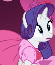 Size: 1036x1223 | Tagged: safe, imported from derpibooru, screencap, rarity, pony, unicorn, no second prances, carousel boutique, clothes, cropped, dress, female, flower, jewelry, mare, necklace, open mouth, rose, shocked, solo