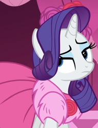 Size: 964x1259 | Tagged: safe, imported from derpibooru, screencap, rarity, pony, unicorn, no second prances, carousel boutique, clothes, cropped, dress, eyeroll, female, flower, jewelry, mare, necklace, rarity is not amused, rose, solo, unamused