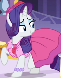 Size: 1174x1501 | Tagged: safe, imported from derpibooru, screencap, rarity, pony, unicorn, no second prances, beautiful, bracelet, carousel boutique, clothes, cropped, cute, dress, female, flower, jewelry, lidded eyes, mare, necklace, raised hoof, raribetes, rose, smiling, solo, teeth