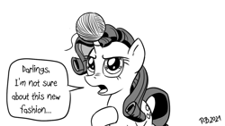 Size: 1200x675 | Tagged: safe, artist:pony-berserker, imported from derpibooru, rarity, pony, unicorn, ball, darling, female, halftone, hoof on chest, horn, horn guard, hornball, looking at you, mare, pony-berserker's twitter sketches, rarity is not amused, solo, speech bubble, stippling, talking to viewer, unamused, yarn, yarn ball