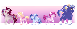 Size: 1024x384 | Tagged: safe, artist:azure-art-wave, imported from derpibooru, princess skyla, oc, oc:elizabeth aphrodite, oc:eros ardor, oc:leonard apollo, oc:midnight artemis, pegasus, pony, unicorn, chibi, colt, female, filly, male, mare, offspring, parent:princess cadance, parent:shining armor, parents:shiningcadance