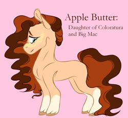 Size: 1024x946 | Tagged: safe, artist:hawklesscorruption, imported from derpibooru, oc, oc only, oc:apple butter, earth pony, pony, coat markings, female, freckles, mare, offspring, parent:big macintosh, parent:coloratura, parents:raramac, pink background, simple background, socks (coat marking), socks (coat markings)