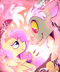 Size: 2000x2400 | Tagged: safe, artist:muttvore, imported from derpibooru, discord, fluttershy, draconequus, pegasus, pony, abstract background, discoshy, eye contact, female, heart, heart eyes, high res, looking at each other, male, mare, profile, shipping, smiling, straight, wingding eyes, wings