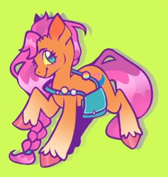 Size: 1855x1959 | Tagged: safe, artist:nakkipng, imported from derpibooru, sunny starscout, earth pony, pony, badge, bag, braid, cute, female, g5, green background, looking at you, mare, raised hoof, simple background, solo, sunnybetes, unshorn fetlocks