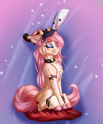 Size: 2896x3484 | Tagged: safe, artist:sugarypolecat, imported from derpibooru, oc, oc:sugar polecat, demon, pony, unicorn, cheek fluff, chest fluff, choker, disembodied hand, eyeshadow, female, freckles, glitter, hand, jewelry, makeup, petting, pillow, pink hair, pink mane, pink tail, scar, smiling