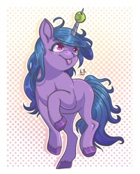 Size: 605x753 | Tagged: safe, artist:lubouhid, imported from derpibooru, izzy moonbow, pony, unicorn, :p, abstract background, ball, female, g5, horn, horn guard, horn impalement, hornball, izzy's tennis ball, magic tennis ball of friendship, mare, raised hoof, solo, tennis ball, tongue out, unshorn fetlocks