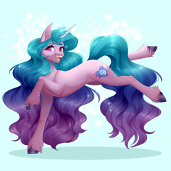 Size: 5040x5040 | Tagged: safe, artist:ohhoneybee, imported from derpibooru, izzy moonbow, pony, unicorn, abstract background, absurd resolution, bracelet, bucking, cute, female, g5, happy, izzybetes, jewelry, looking at you, mare, open mouth, raised hoof, solo, unshorn fetlocks