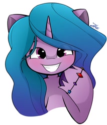 Size: 871x1022 | Tagged: safe, artist:zi_arie, imported from derpibooru, izzy moonbow, pony, unicorn, blushing, bracelet, cute, female, g5, grin, izzybetes, jewelry, looking at you, mare, raised hoof, signature, simple background, smiling, solo, teeth, unshorn fetlocks, white background