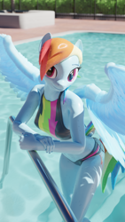 Size: 2160x3840 | Tagged: safe, artist:purenexus, artist:wintersarts, derpibooru exclusive, imported from derpibooru, rainbow dash, anthro, pegasus, plantigrade anthro, 3d, blender, blender cycles, clothes, dock, female, looking at you, poolside, shiny skin, solo, solo female, swimming pool, swimsuit, water, wet, wet mane