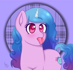 Size: 4096x3939 | Tagged: safe, artist:yumomoart, artist:yumomochan, imported from derpibooru, izzy moonbow, pony, unicorn, :p, abstract background, absurd resolution, blushing, female, g5, mare, signature, solo, tongue out