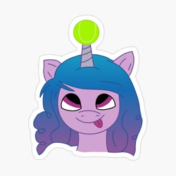 Size: 1000x1000 | Tagged: safe, artist:tasvyn, imported from derpibooru, izzy moonbow, pony, unicorn, ball, female, g5, horn, horn guard, horn impalement, hornball, izzy's tennis ball, looking up, mare, simple background, solo, sticker, tennis ball, tongue out, white background