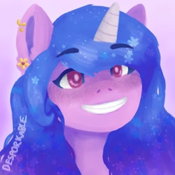 Size: 1000x1000 | Tagged: safe, artist:desporkable, imported from derpibooru, izzy moonbow, pony, unicorn, bust, ear piercing, earring, female, g5, grin, jewelry, looking at you, mare, piercing, portrait, signature, smiling, solo, teeth, text