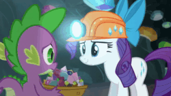 Size: 1280x720 | Tagged: safe, imported from derpibooru, screencap, rarity, spike, dragon, pony, unicorn, gauntlet of fire, animated, basket, bow, cave, duo, female, gem, glowing horn, helmet, horn, magic, magic aura, male, mare, mining helmet, sound, spike is not amused, talking, unamused, webm