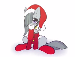 Size: 2893x2210 | Tagged: safe, artist:opossum_imoto, imported from derpibooru, marble pie, earth pony, pony, christmas, christmas stocking, clothes, cute, female, hat, heart eyes, holiday, marblebetes, mare, mouth hold, santa hat, sitting, socks, solo, wingding eyes