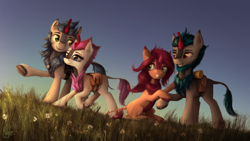 Size: 4096x2304 | Tagged: safe, artist:magfen, imported from derpibooru, oc, kirin, commission, group photo, kirin oc, sunset