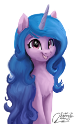 Size: 1600x2560 | Tagged: safe, artist:raphaeldavid, imported from derpibooru, izzy moonbow, pony, unicorn, chest fluff, cute, female, g5, grin, izzybetes, looking at you, mare, signature, simple background, smiling, solo, teeth, white background