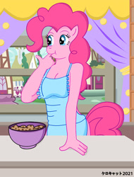 Size: 679x892 | Tagged: safe, artist:kerocat, imported from derpibooru, pinkie pie, anthro, apron, breasts, cleavage, clothes, female, naked apron, solo