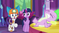 Size: 1280x720 | Tagged: safe, imported from derpibooru, screencap, rarity, spike, twilight sparkle, alicorn, dragon, pony, unicorn, gauntlet of fire, animated, dirty, duo, eyes closed, female, gritted teeth, helmet, male, mare, mining helmet, scratching, sitting, sound, talking, teeth, trio, twilight sparkle (alicorn), twilight's castle, webm