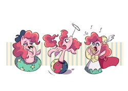 Size: 1020x724 | Tagged: safe, artist:camaleao, imported from derpibooru, pinkie pie, earth pony, pony, ball, balloon, beret, cape, circus, clothes, costume, cutie mark, facial hair, hat, inflatable, moustache, music notes, opera, simple background, singing, white background