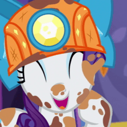 Size: 720x720 | Tagged: safe, imported from derpibooru, screencap, rarity, pony, unicorn, gauntlet of fire, animated, bow, cropped, dirty, eyes closed, female, helmet, laughing, mare, mining helmet, open mouth, solo, sound, webm