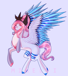 Size: 2250x2500 | Tagged: safe, artist:minelvi, imported from derpibooru, oc, oc only, pegasus, pony, ear fluff, gray background, hoof polish, pegasus oc, rearing, signature, simple background, solo, two toned wings, wings