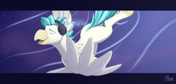 Size: 4500x2156 | Tagged: safe, artist:ailoy4, imported from derpibooru, terramar, hippogriff, eyes closed, flying, headphones, high res, male, night, solo