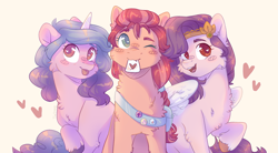 Size: 3272x1804 | Tagged: safe, artist:twinkesus, imported from derpibooru, izzy moonbow, pipp petals, sunny starscout, earth pony, pegasus, pony, unicorn, :p, badge, bag, blushing, braid, chest fluff, female, fluffy, g5, heart, looking at you, mare, mouth hold, one eye closed, open mouth, pipp, raised hoof, simple background, tongue out, unshorn fetlocks, white wings, wink, winking at you