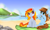 Size: 3700x2200 | Tagged: safe, artist:rivin177, imported from derpibooru, oc, oc only, oc:shinycyan, oc:tridashie, earth pony, pegasus, pony, beach, blue sky, cloud, coast, commission, daylight, mountain, picnic, pier, sand, sea pear, sitting, solo, tongue out, yacht