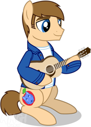 Size: 1149x1614 | Tagged: safe, artist:amgiwolf, imported from derpibooru, oc, oc only, oc:applewolf, earth pony, pony, clothes, earth pony oc, guitar, male, musical instrument, simple background, sitting, smiling, solo, stallion, transparent background