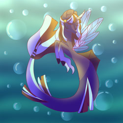 Size: 1280x1280 | Tagged: safe, artist:betzihappygarden, imported from derpibooru, oc, oc only, alicorn, pony, seapony (g4), bubble, clothes, crepuscular rays, dorsal fin, eyes closed, female, fin wings, fish tail, flowing tail, horn, ocean, seaponified, see-through, solo, species swap, sunlight, tail, underwater, water, wings