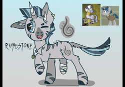 Size: 2388x1668 | Tagged: safe, artist:caramelbolt24, imported from derpibooru, stygian, zecora, oc, oc:runestone, hybrid, pony, unicorn, zebra, zebracorn, zony, abstract background, amputee, bandage, horn, jewelry, male, neck rings, necklace, offspring, one eye closed, open mouth, parent:stygian, parent:zecora, screencap reference, stallion, unicorn oc, wink