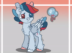 Size: 2276x1668 | Tagged: safe, artist:caramelbolt24, imported from derpibooru, oc, oc only, pegasus, pony, abstract background, chest fluff, ear fluff, frown, heterochromia, hoof polish, magical lesbian spawn, male, offspring, parent:pinkie pie, parent:rainbow dash, parents:pinkiedash, pegasus oc, reference sheet, signature, solo, stallion, story included, wings