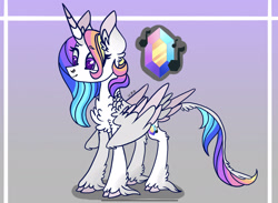 Size: 2275x1668 | Tagged: safe, artist:caramelbolt24, imported from derpibooru, oc, oc only, alicorn, classical unicorn, pony, unicorn, abstract background, alicorn oc, chest fluff, cloven hooves, ear fluff, female, horn, leonine tail, magical lesbian spawn, mare, multicolored hair, multiple parents, offspring, parent:applejack, parent:fluttershy, parent:pinkie pie, parent:rainbow dash, parent:rarity, parent:twilight sparkle, parents:omniship, rainbow hair, reference sheet, signature, story included, unshorn fetlocks, wings