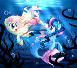 Size: 1024x898 | Tagged: safe, artist:arcadianphoenix, imported from derpibooru, oc, oc only, fish, seapony (g4), blue eyes, crepuscular rays, duo, female, fish tail, flowing mane, flowing tail, jewelry, looking at each other, necklace, not fluttershy, ocean, open mouth, pearl necklace, pink eyes, seashell, seaweed, smiling, sunlight, swimming, tail, underwater, water